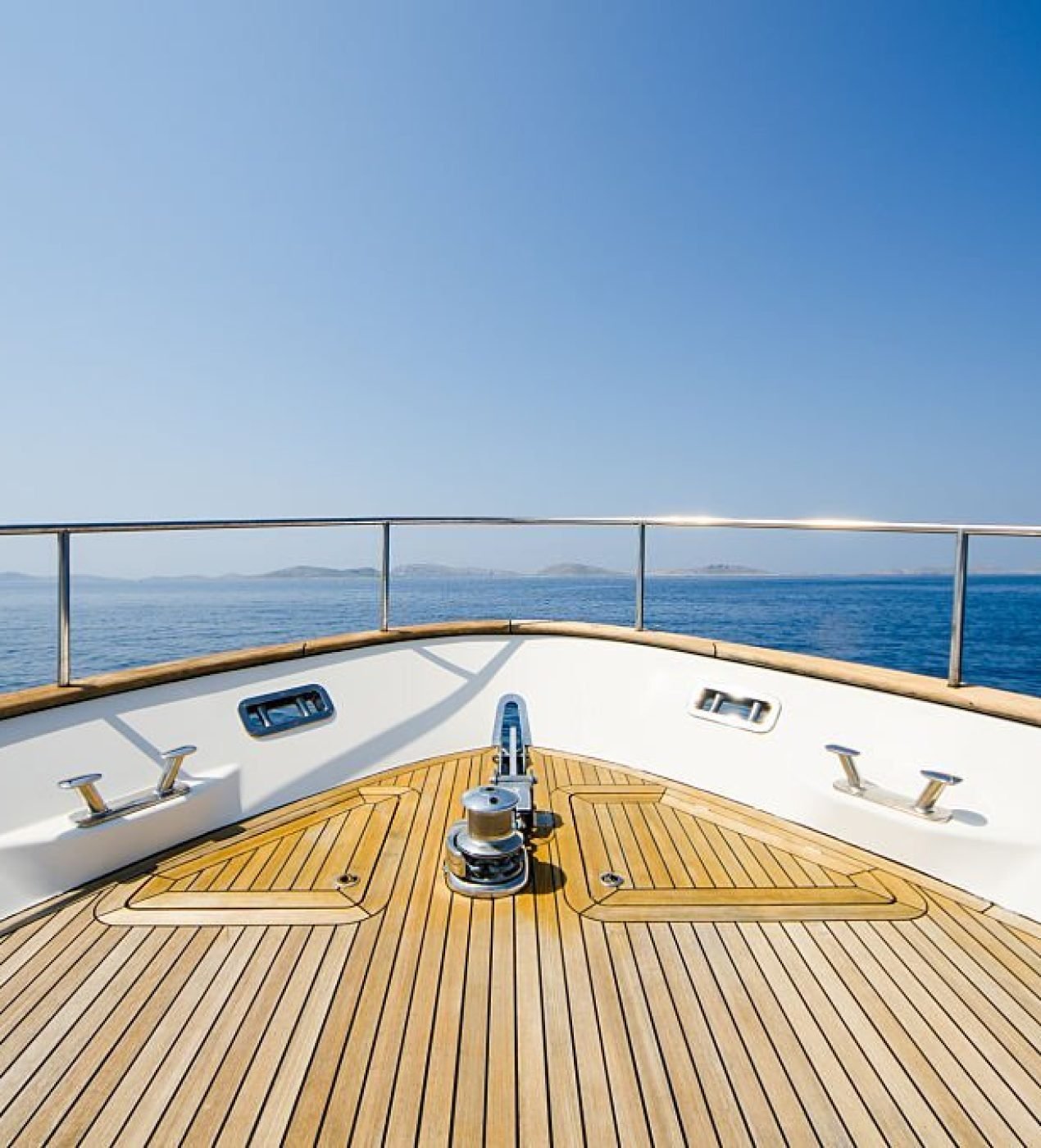 Wide angle shot of front of the yacht in summer timeWide angle shot of front of the yacht in summer time